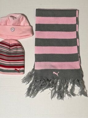 Puma Kids Pink & Gray Striped Knit Scarf with Puma Logo